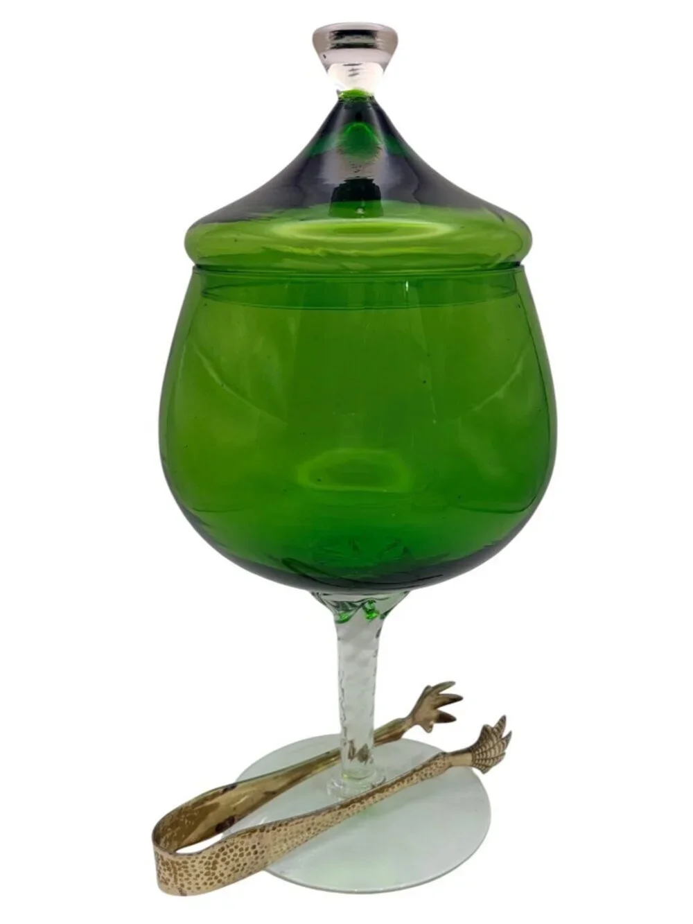 VTG Empoli Italian Green Glass Ice Jar with Lid Apothecary Candy Dish W/Tongs